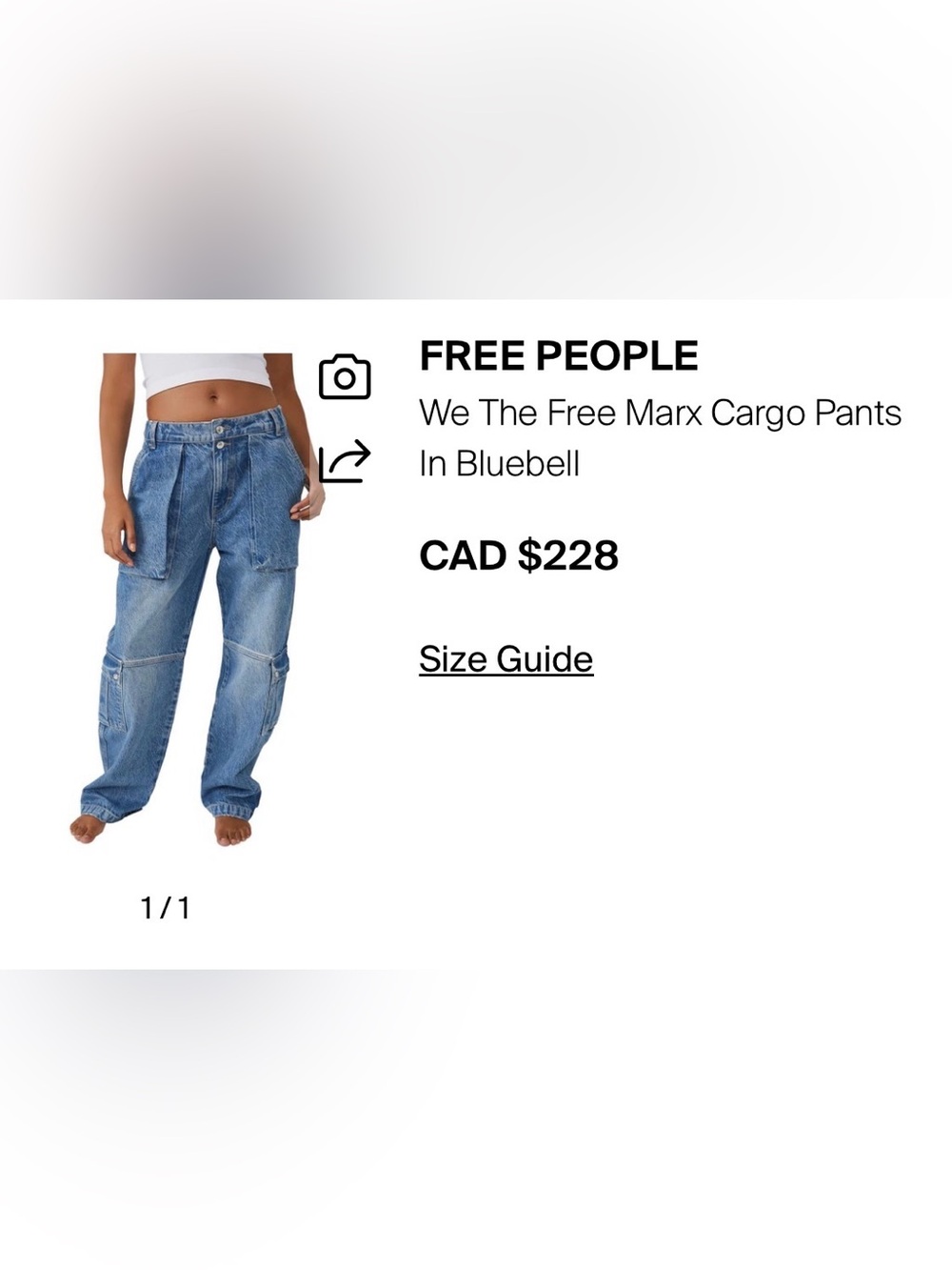 Free People women’s Relaxed Cargo Jeans in Blue or Black. Loose fit. NWT